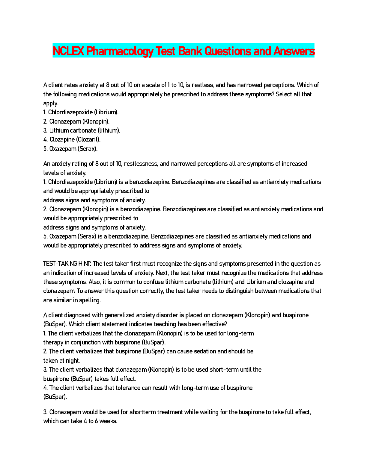 Preview image for NCLEX Pharmacology Test Bank Questions and Answers